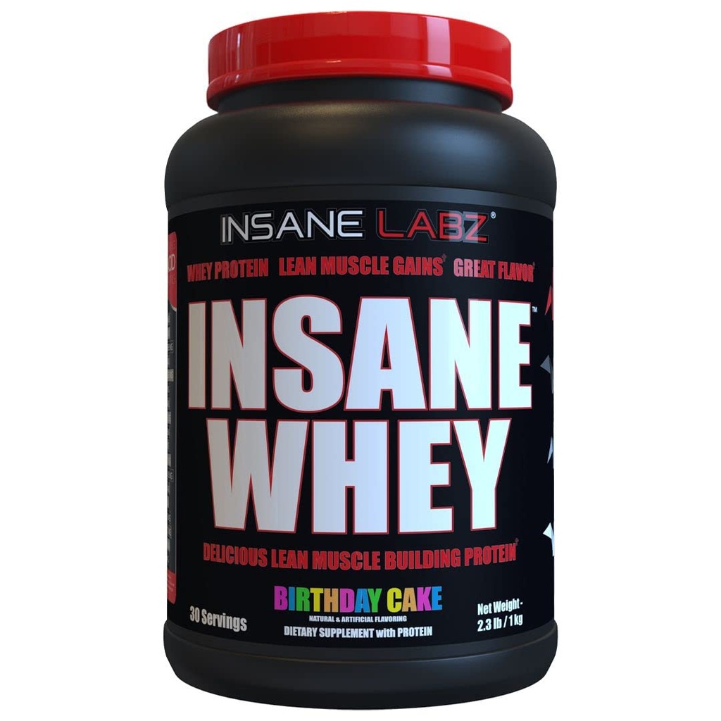 Insane Labz Insane Whey、100%の筋肉建物の乳蛋白質、BCAAのアミノ酸のプロフィール、固まりの利益、食事の取り替え(誕生日のケーキ、30のサービング)