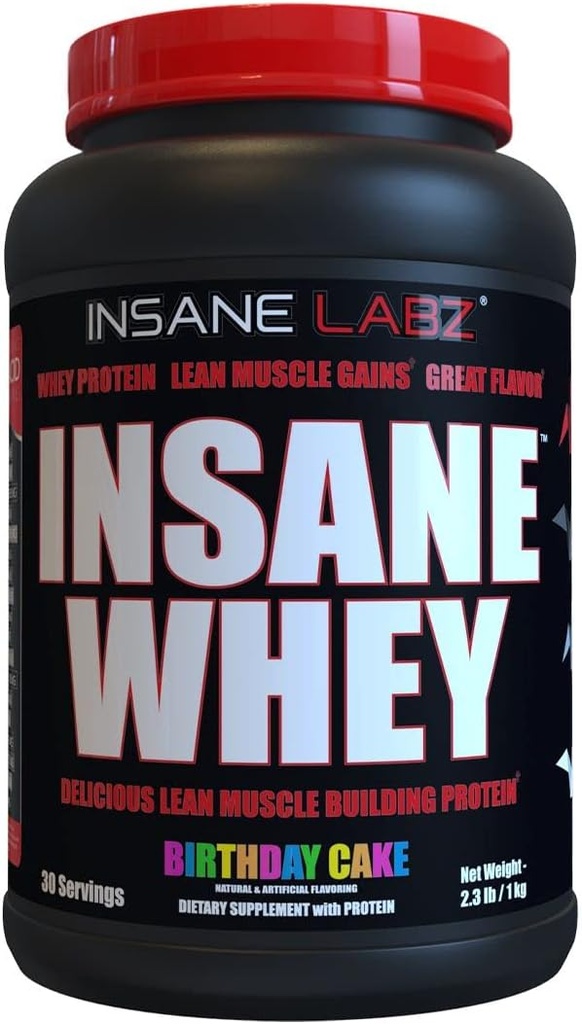 Insane Labz Insane Whey、100%の筋肉建物の乳蛋白質、BCAAのアミノ酸のプロフィール、固まりの利益、食事の取り替え(誕生日のケーキ、30のサービング)