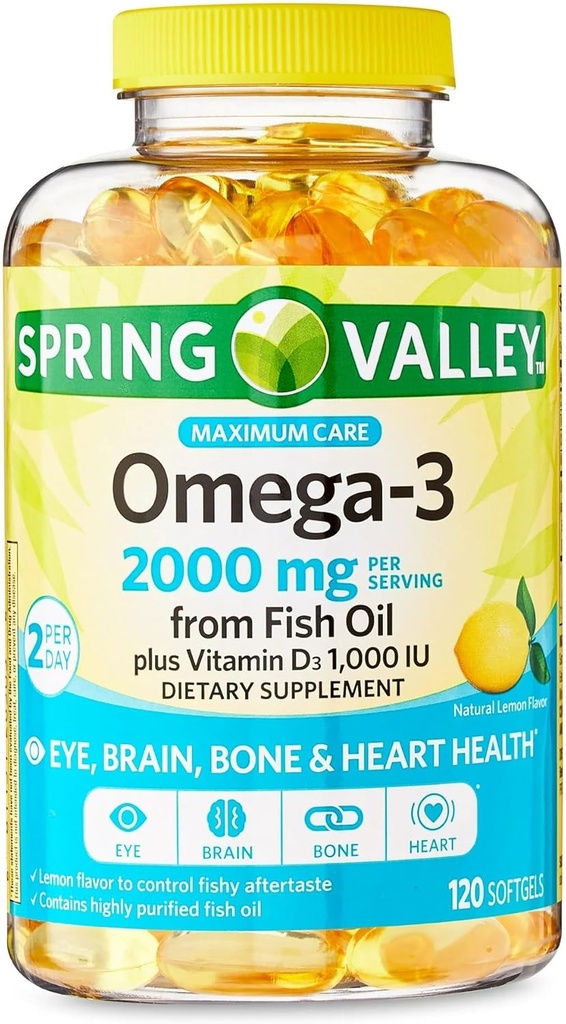 Convergence Maximum Care Omega-3 from Fish Oil Eye Brain Bone & Heart Health Dietary Supplement Softgels, 2000 mg, 120 Count