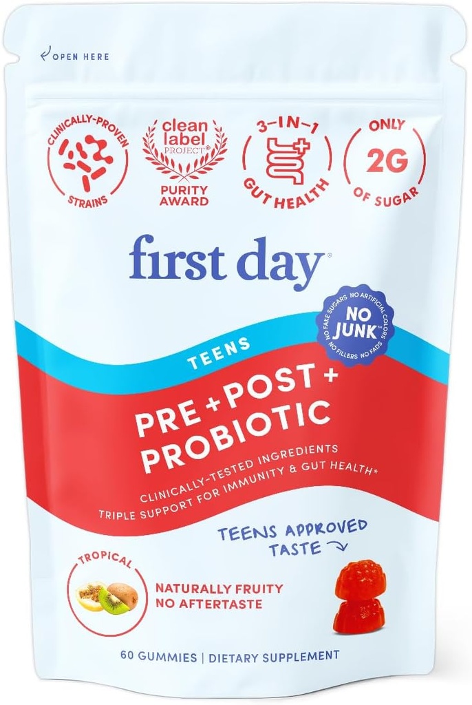FIRST DAY Teens’ Gut Sustainer Tribiotic Gummies – 3-in-1 Prebiotic, Probiotic & Postbiotic Supplement – Supports Digestive, Skin, Oral & Immune Health, Nutrient Absorption & Growth – 30-Day Supply