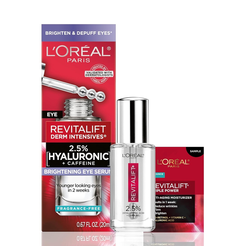 L'Oreal Paris Revitalift Hyaluronic 酸 + カフェイン ダークサークル、フレグランスフリー .67 fl. oz + 保湿サンプル