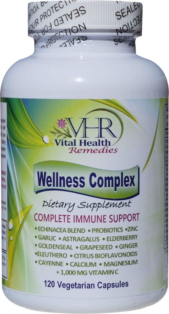 VHRウェルネスコンプレックス免疫は、Echinacea、Goldenseal、Garlic、Probiotics、Elderberry、Astragalus、Grapeseed、Cayenne、Bioflavonoid、Eleuthero、Ginger、VIT。 C、亜鉛。 120ベジーキャップ