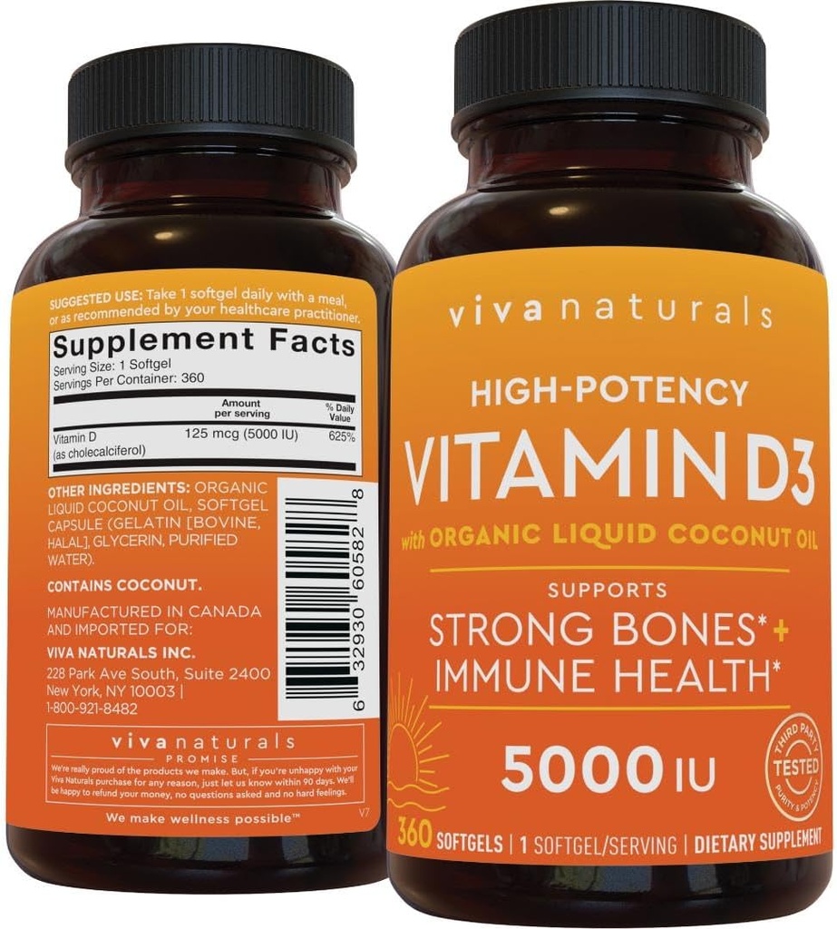 Viva NaturalsビタミンD3 5000 IUのSoftgels、360の計算(125のmcg)、サポート骨及び免疫の健康、高い効力のビタミンD