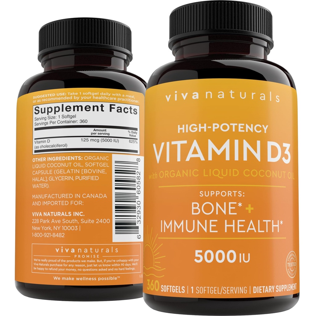 Viva NaturalsビタミンD3 5000 IUのSoftgels、360の計算(125のmcg)、サポート骨及び免疫の健康、高い効力のビタミンD