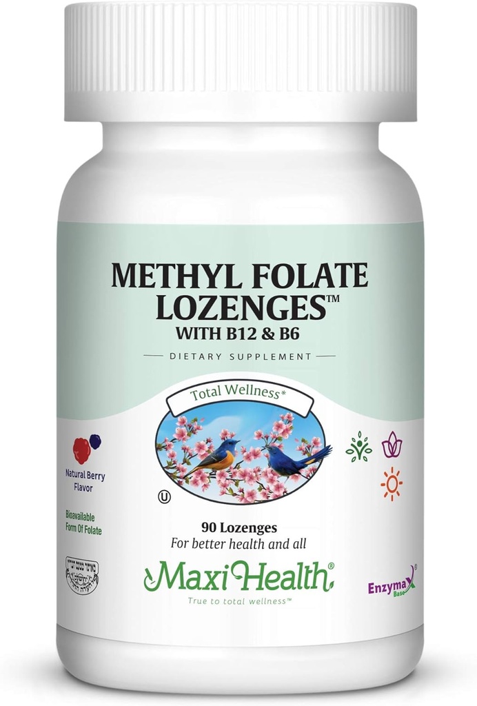 Maxi Health Methyl Folate Lozenges with B12 & B6, Flavored Memory, Cardiovascular Health Hormone & Immune Support Gluten Free, Kosher Berry, 90 Count