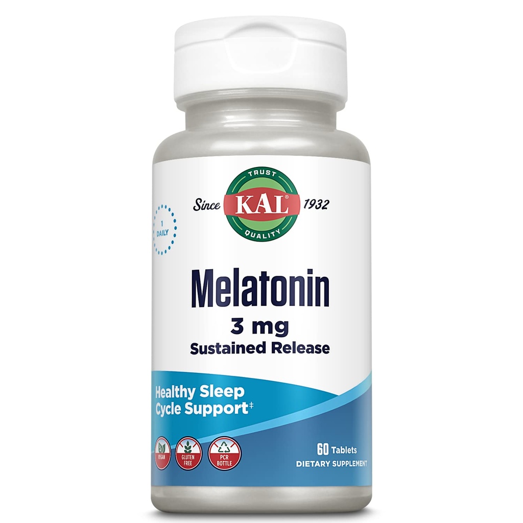 KALのMelatonin 3mgの持続的な解放の睡眠の援助、Melatoninの補足は健康な弛緩、カルムの感じおよび適切な睡眠周期、w/加えられたビタミンB6、ビーガン、グルテンフリー60のサーブ、60のタブレットを支えます