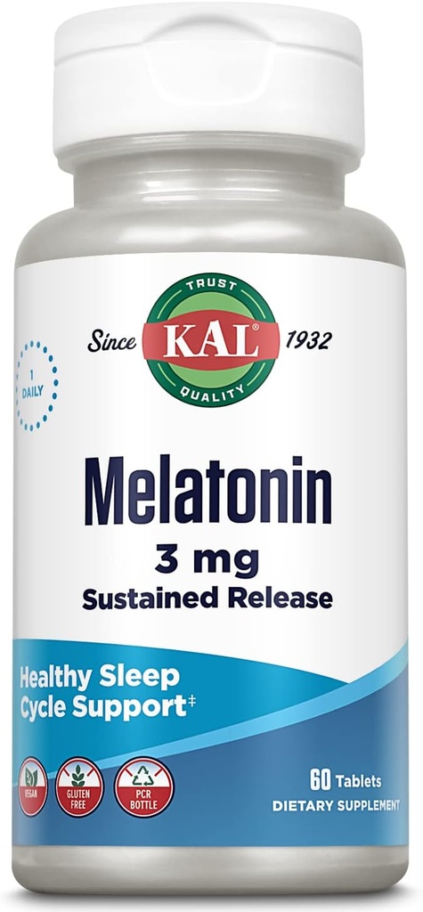 KALのMelatonin 3mgの持続的な解放の睡眠の援助、Melatoninの補足は健康な弛緩、カルムの感じおよび適切な睡眠周期、w/加えられたビタミンB6、ビーガン、グルテンフリー60のサーブ、60のタブレットを支えます