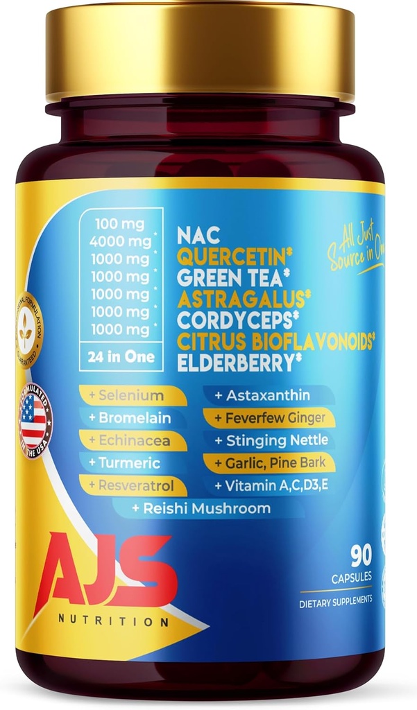 AJS Quercetin 4000mg with Nac Green Tea Cordycepscitrus Elderberry Selenium Bromelain Echinacea Turmeric Resveratrol Astaxanthin Feverfew Ginger Reishi Mushroom 90 Caps 20 in 1