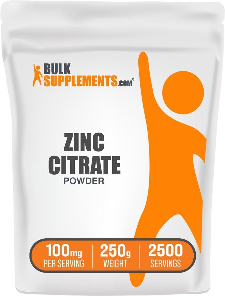 BulkSupplements.com亜鉛クエン酸塩パウダー - 亜鉛サプリメント、免疫サポートのためのミネラルサプリメント - グルテンフリー、給餌あたり100mg、250g(8.8オンス)(パッケージ1)