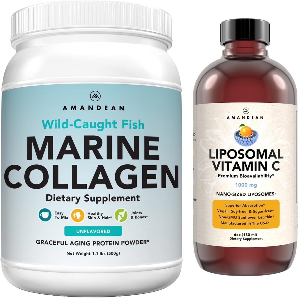 海洋のコラーゲンの粉+ビタミンC -コンボの中の完全な皮。 野生のタラの魚のペプチッド、Liposomal VIT Cの液体1000mg。健康な老化、美、ウェルネスのための後押しの生産そして統合。