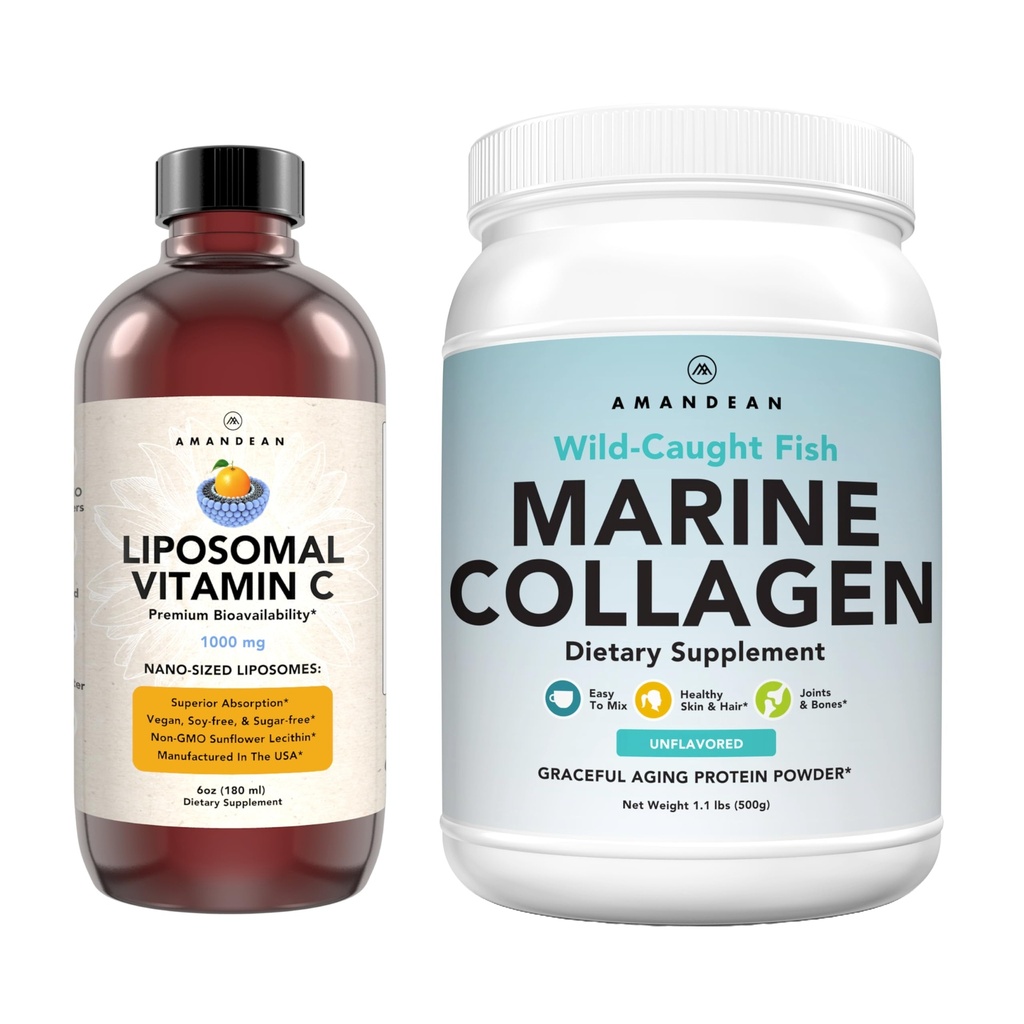 海洋のコラーゲンの粉+ビタミンC -コンボの中の完全な皮。 野生のタラの魚のペプチッド、Liposomal VIT Cの液体1000mg。健康な老化、美、ウェルネスのための後押しの生産そして統合。