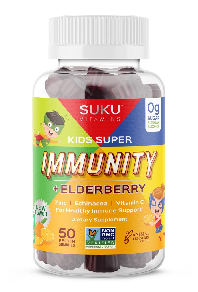 SUKUビタミン - キッズスーパー免疫 - エルダーベリー、エキナセア、ビタミンA、免疫サポートのための亜鉛グミー - 簡単に咀嚼 - 非GMO、グルテンフリーグルテン - ザクロライムグミビタミン、50カウント