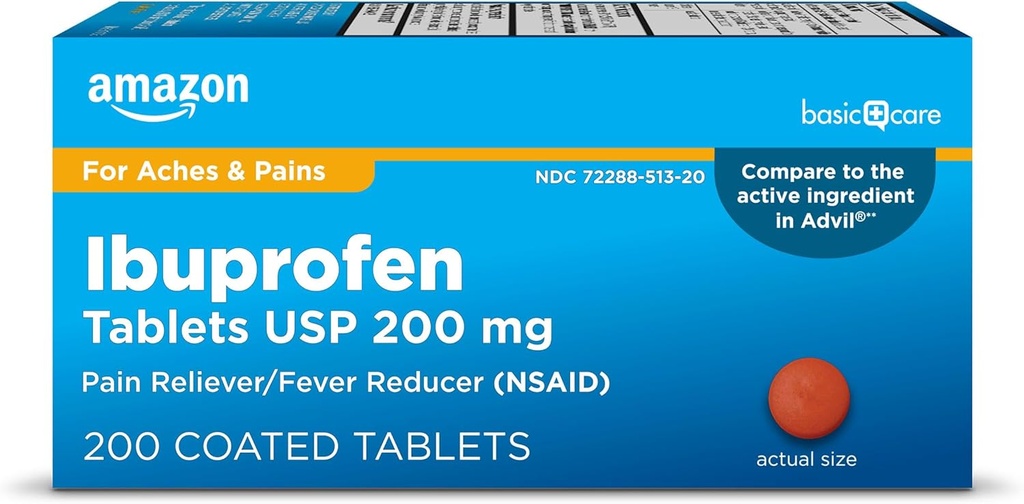   Basic Care Ibuprofen Tablets, Fever Reducer and Pain Relief from Body Aches, Headache, Arthritis and More, Brown, 200 Count (Packaging may vary)