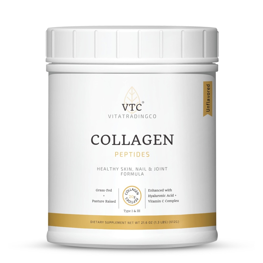 VTC VitaTradingCo.の草供給のコラーゲンのペプチッド粉 タイプI及びIII  Hyaluronic酸及びビタミンCの 健康な毛、皮及び接合箇所 非GMO、Paleo、Ketoの  30のサービング(Unflavored)