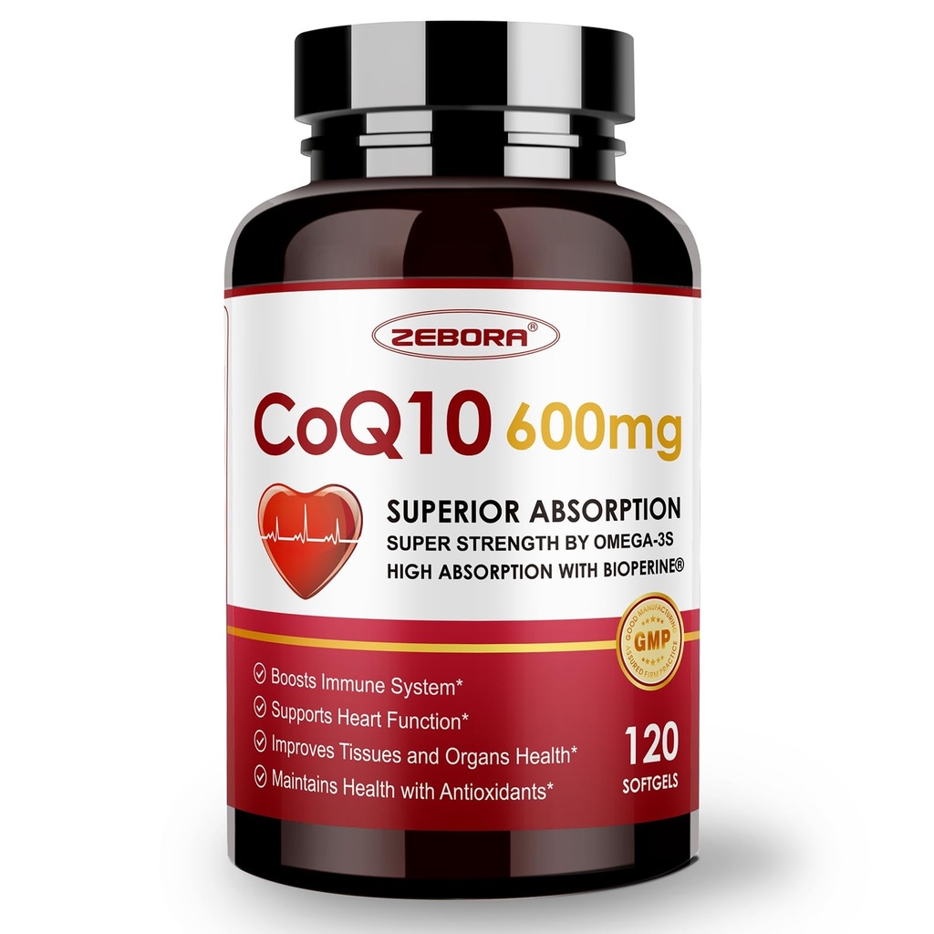 ZEBORA CoQ10-600mg-Softgels - 心の健康及びエネルギーの生産、120 Softgelsのための余分強さのCoenzyme Q10、Omega-3及びBioPerine -高い吸収のCoQ10は酸化防止剤(Ubiquinone)を補います