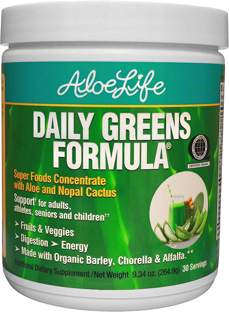 Aloe Life - Daily Greens Powder, QAI-Certified Organic Health Supplement, Antioxidants, 21 Fruits, Veggies, & Herbs Including Aloe & Nopal Cactus, Low-Calorie, Keto-Friendly, Gluten-Free (30 Servings)