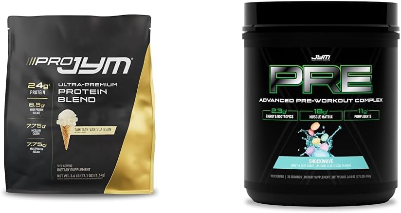 PRO JYM 45は、プリJYM Xプレワークアウトとタンパク質パウダーバンドルを提供しています