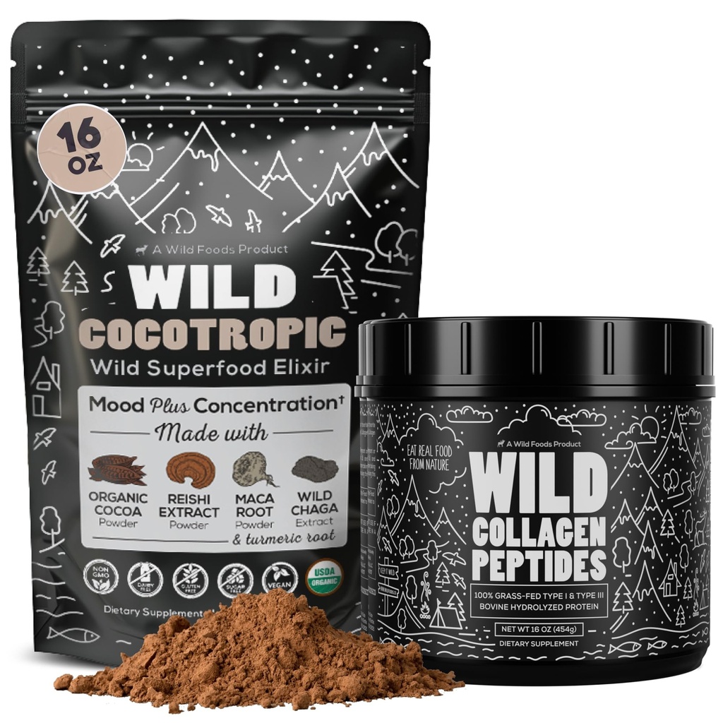 Cocotropicの有機のきのこのCacaoの組合せ(16oz)及び皮、毛および共同サポートのためのコラーゲンのペプチッド(16oz)束