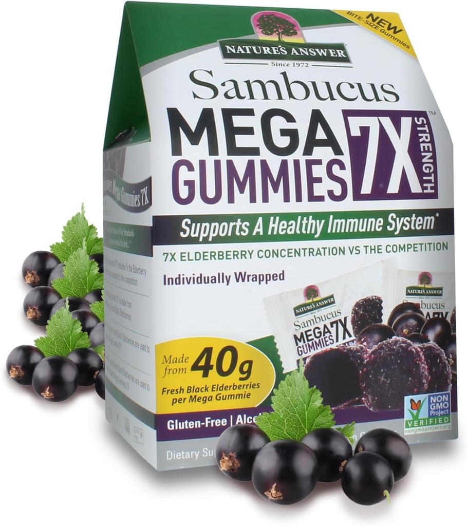 Nature's Answer Sambucus Mega Gummies | 7X よりエルダーベリーの集中 | アルコールフリー, グルテンフリー, 完全菜食主義者の, 完全菜食主義者の, ノン GMO & ノー防腐剤 | 30ct Gummies (パック 2)