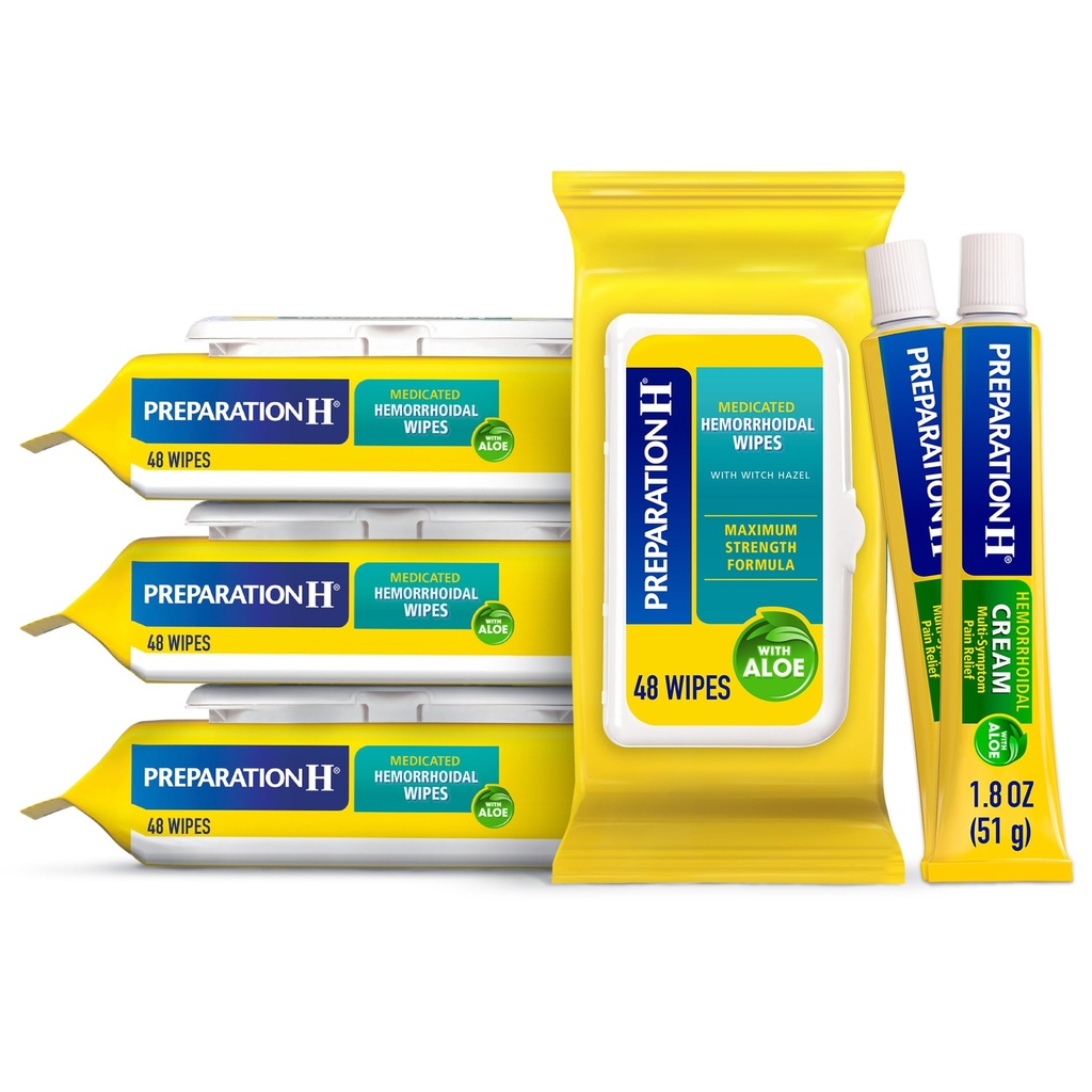 準備H Hemorrhoidワイプウィッチヘーゼル、192 Ctプラス準備H Hemorrhoid症状治療クリーム、2チューブx 1.8 oz、ワイププラスより良い救済、痔ケアバンドル