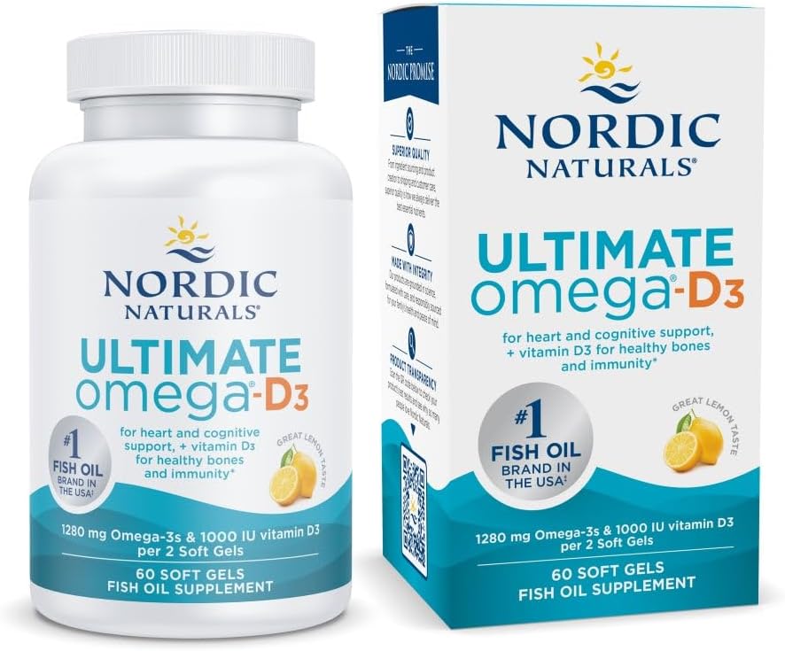 Nordic Naturals Ultimate Omega-D3、レモンフレーバー - 60 ソフトジェル - 1280 mg Omega-3 + 1000 IU ビタミンD3 - EPA&DHA - 脳、心臓、免疫の健康を促進 - 30 サービング