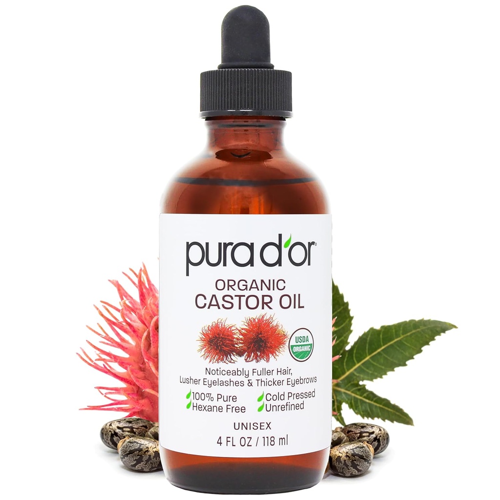 PURA D'OR 4 Oz ORGANICキャスターオイル - 100%純粋なUSDA認定冷間プレス、ヘキサンフリーまつげ&眉毛血清 - 完全のために、より厚い発疹&眉毛 - 皮膚と髪