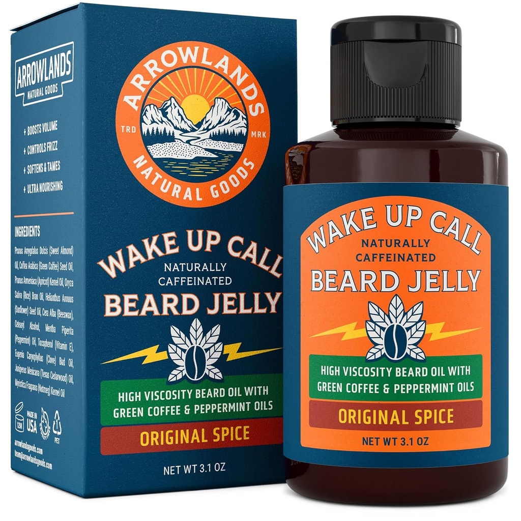 Wake Up Call Beard Jelly - Caffeine Beard Growth Oil with Virgin Green Coffee Oil & Peppermint, Natural Thickener and Moisturizer (3.1oz, Original Spice)