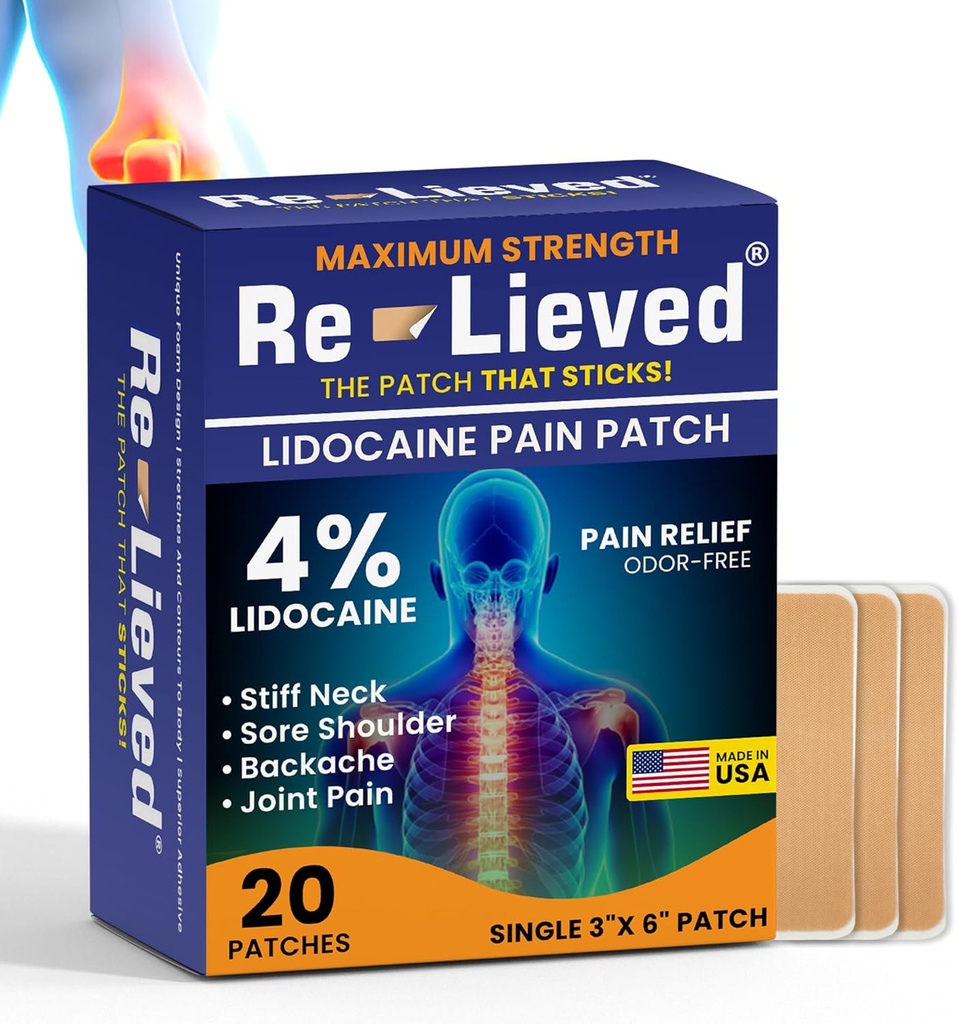 Re-Lieved 4% リドカイン パッチ最大強度 - アルミフリー、防水、米国製 - Superior スティック 痛みの軽減パッチ 素早く、関節と筋肉痛-3x6 インチ(20 カウント)