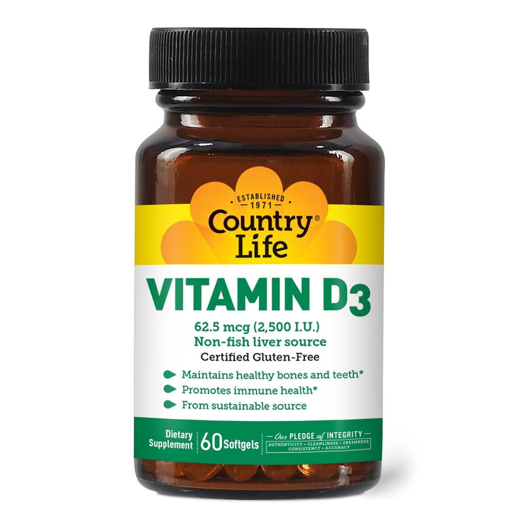 カントリーライフビタミンD3 2500 I.U.グルテンフリー、60 Softgels