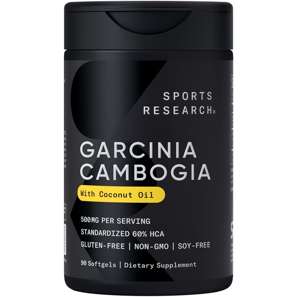 スポーツ研究 Garcinia Cambogia エキス (60% HCA) 余分なバージン有機ココナッツ油で | 非GMO、大豆&グルテンフリー (90 液体軟ゲル)