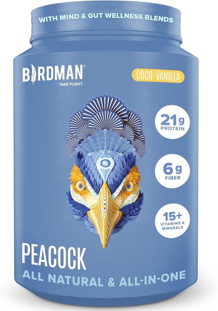 BIRDMAN Peacock ビーガンプロテインパウダー | マグネシウム、ビタミンD、MCTオイルでの完全な植物ベースの食事代替シェイク | 男性と女性のためのすべての1つのサプリメント | 滑らかなテクスチャ | ココバニラ風味