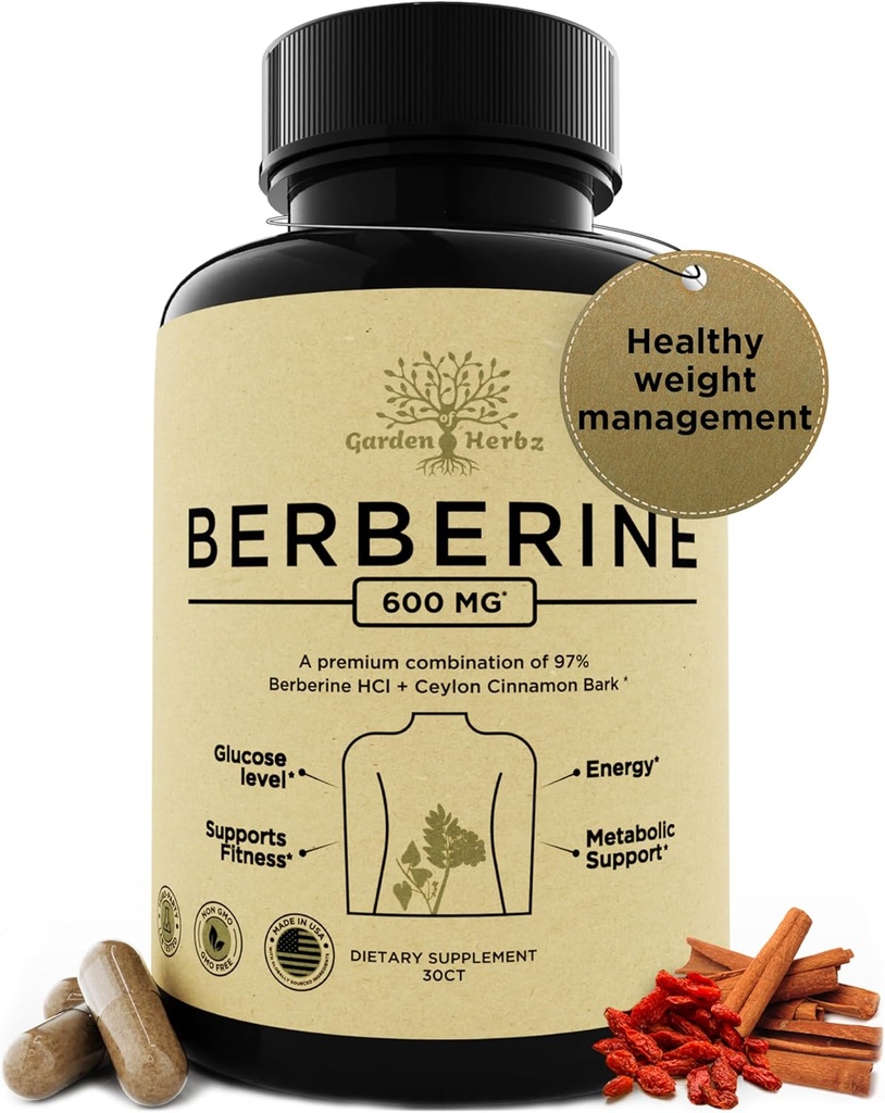 600 Mgバーリンサプリメント - 女性のBerberine HCL&Ceylonシナモンカプセル&男性 - 健康的な体重管理と消化をサポート