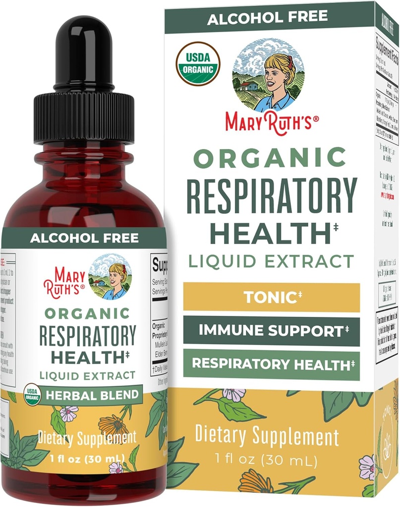 MaryRuth Organics USDA Organic Respiratory Health Liquid Drops with Mullein Leaf | Marshmallow Root & Elderberry | Mullein Drops for Lungs Herbal Blend | Immune Support Supplement | Vegan | 1 Fl Oz