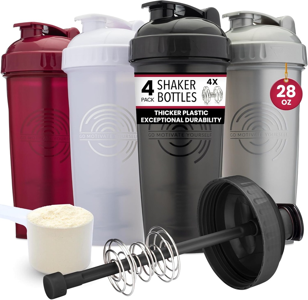 GOMOYO [4-Pack] 28-Ounce Shaker Bottle | Bulk Protein Shaker Bottle with Action-Rod Wire Mixer | Shaker Cups are BPA Free and Dishwasher Safe | Black, White, Gray & Maroon