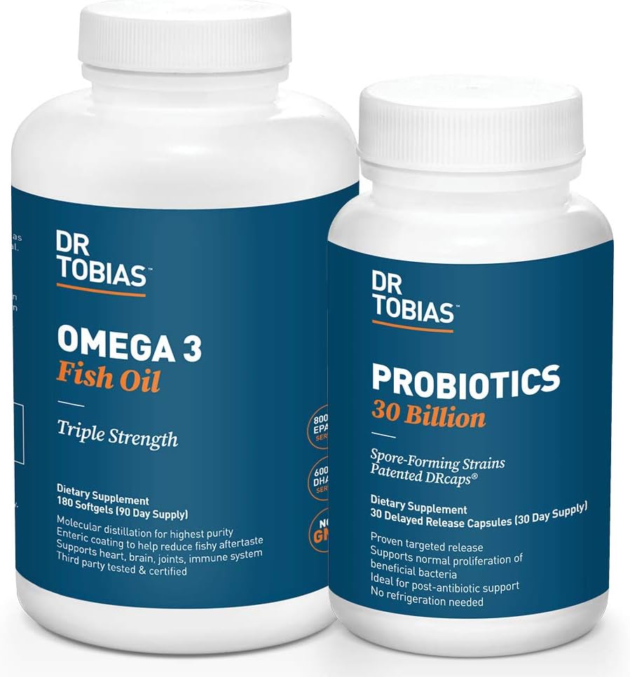 Dr. Tobias Probiotics 30 Billion and Omega 3 Fish Oil (2000 mg) for Digestive Support & Overall Health