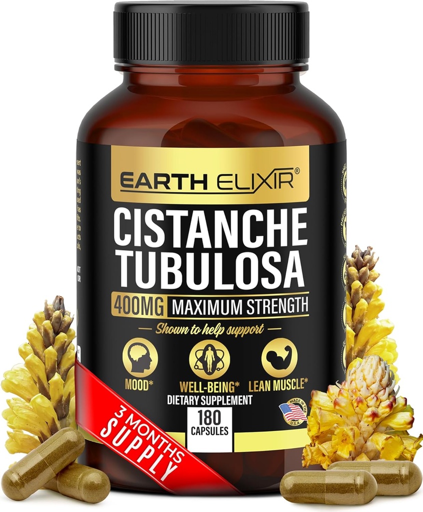 Earth Elixir Cistanche Tubulosa 400 mg (180 Capsules) 3 Months Supply – Made in USA - 3rd Party Tested - Cistanche Supplement - Zero Fillers - Max Purity - Nootropics - 100% Pure Cistanche Herb