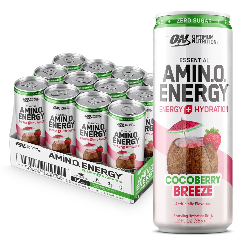 最適栄養アミノエネルギースパークリング水和ドリンク、電解液、カフェイン、アミノ酸、BCAAs、砂糖フリー、ココココベリーブリーズ、12 Fl Oz、12パック(5月パッケージ)