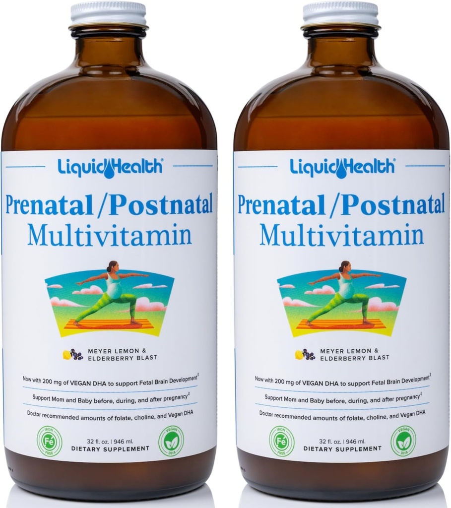 LIQUIDHEALTH Prenatal/Postnatal Multiple Liquid Women's Multivitamin with Real Folate - Pre & Postnatal Vitamins for Before, During, After Pregnancy - Made in USA, Vegan, Sugar-Free, Non-GMO (2 Pack)