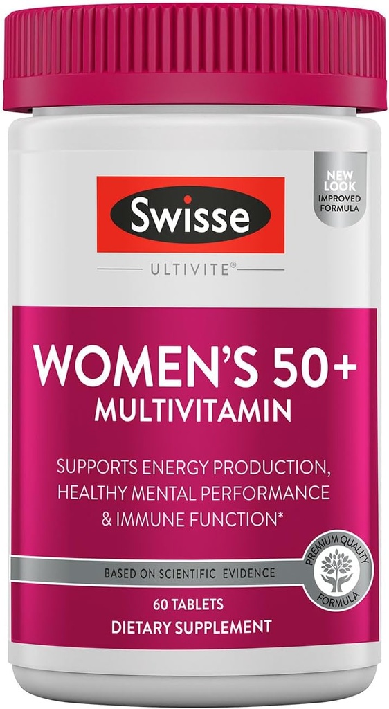 Swisse Daily Multivitamin for Women 50 以上 | 41 ビタミン、抗酸化剤、ミネラル + アダプトゲン | エネルギー、ストレス、免疫サポート | 女性 50 + マルチビタミンサプリメント | 60 錠