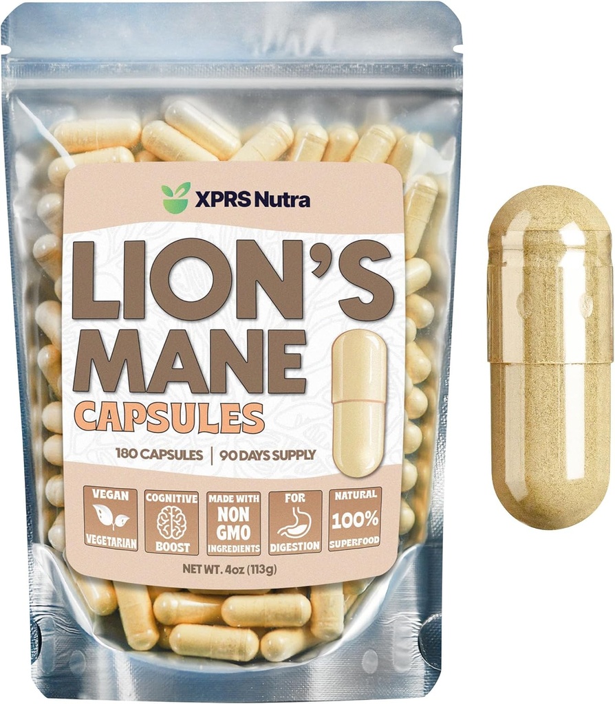 XPRS Nutra Organic Lions Maneの補足のカプセル- 180の計算(90日の供給)の精神、認知および免除のライオンのマニーの粉のカプセルのための優れたライオンのマニーのマッシュルームのカプセル
