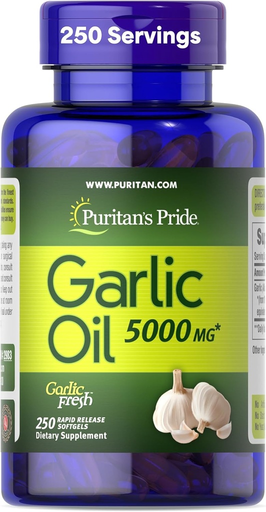 Puritan's Pride Premium Garlic Fresh 5000mg、心の健康のための伝統的な栄養補助食品、抗酸化特性、250急速なリリースSoftgels