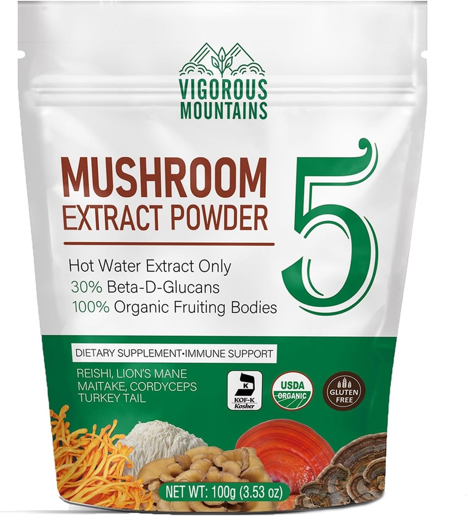 VIGOROUS MOUNTAINSオーガニックマッシュルームパウダーサプリメント - USDA認定、ライオンズマネ&Reishi for Immuneサポート、ブレインフォーカス、ビーガン、インスタントコーヒー&スムージー(100g)