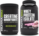 NutraBioクレアチンモノハイドレート、非風味、500gとWheyプロテインアイソレート、イチゴアイスクリーム、サプリメントバンドル - 筋肉エネルギー、リーン筋肉の成長、回復、および強さ