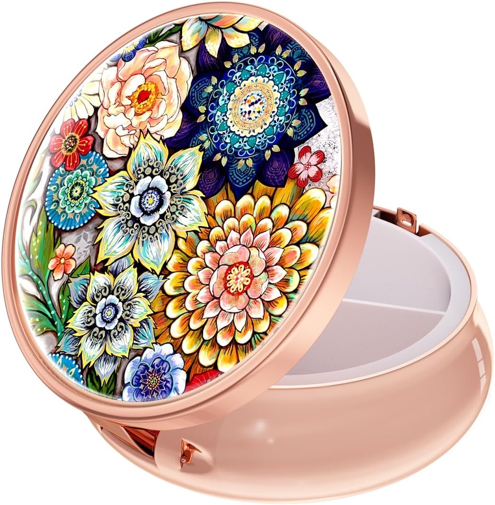 Rouidr Pill Box, 3 Compartment Medicine Pill Case, Small Metal Travel Medicine Box for Purse & Pocket, Rose Gold, Mandala Flower