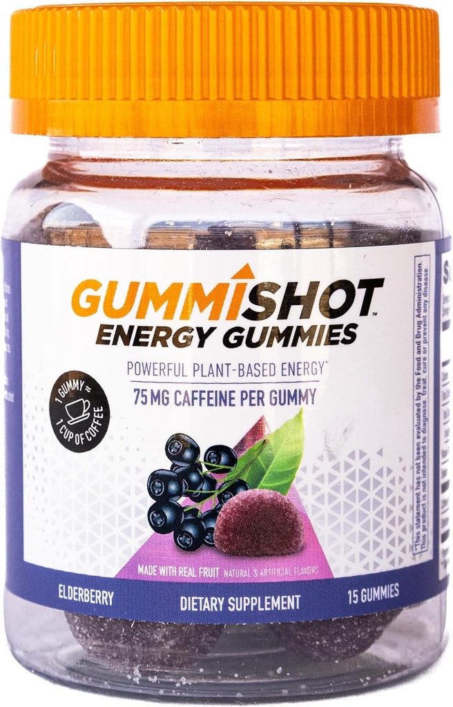 GummiShotエネルギーグミ、1125mgの植物ベースのカフェインチュード、長続きするエネルギーブースター、エルダーベリー(15ct)
