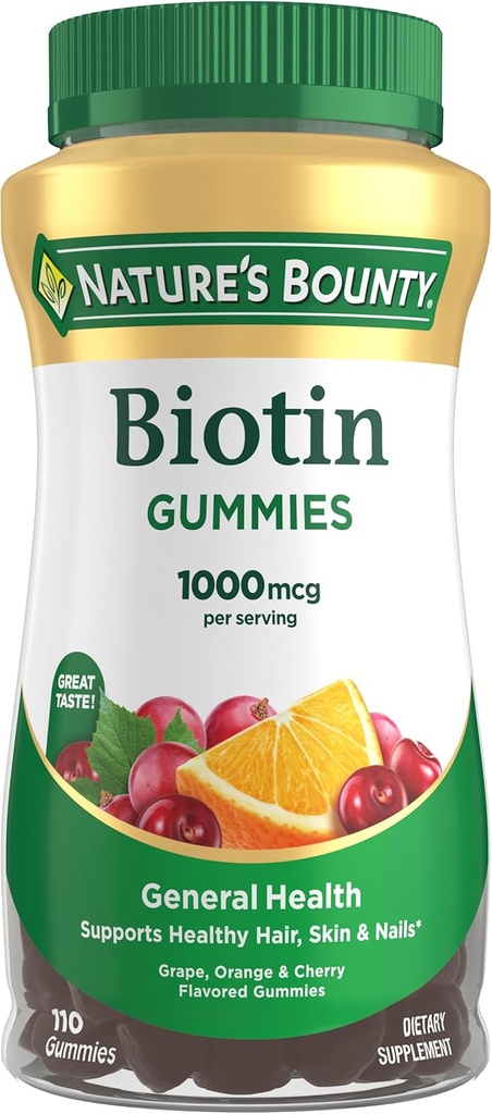 Nature's Bounty Biotin Gummy、ビタミンサプリメント、ヘルシーな髪、皮膚、爪、フルーツ風味豊かなグミー、1000 mcg、110 カウントをサポート