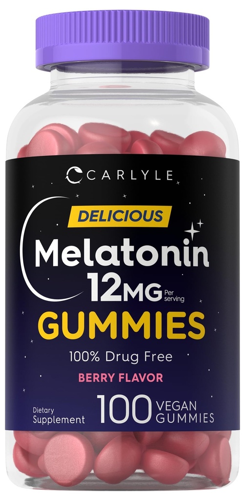 Carlyle Melatonin Gummies 12mg | 100カウント | ベリーフレーバー | 完全菜食主義者のサプリメント | 非GMO、グルテンフリー