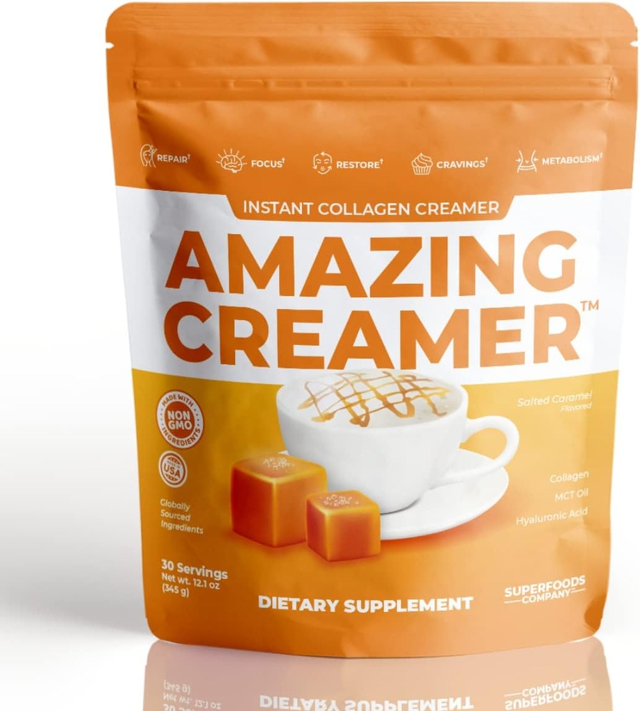 スーパーフード社、コラーゲンとアメージングクリーム - Keto Creamer-Hyaluronic acid&MCT Oil - 脳ブースト&曲線の舗装 - 健康な皮膚と髪をサポート - ダイエットフレンドリー [30 サービング] [塩漬けキャラメル]