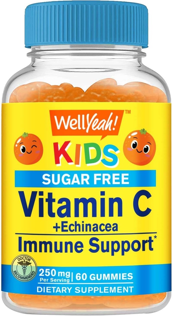 WellYeah Echinacea(5mg) ビタミンC(250mg) 子供のための砂糖無料ガミー|免疫サポートサプリメント | オレンジ味 | 60カウント