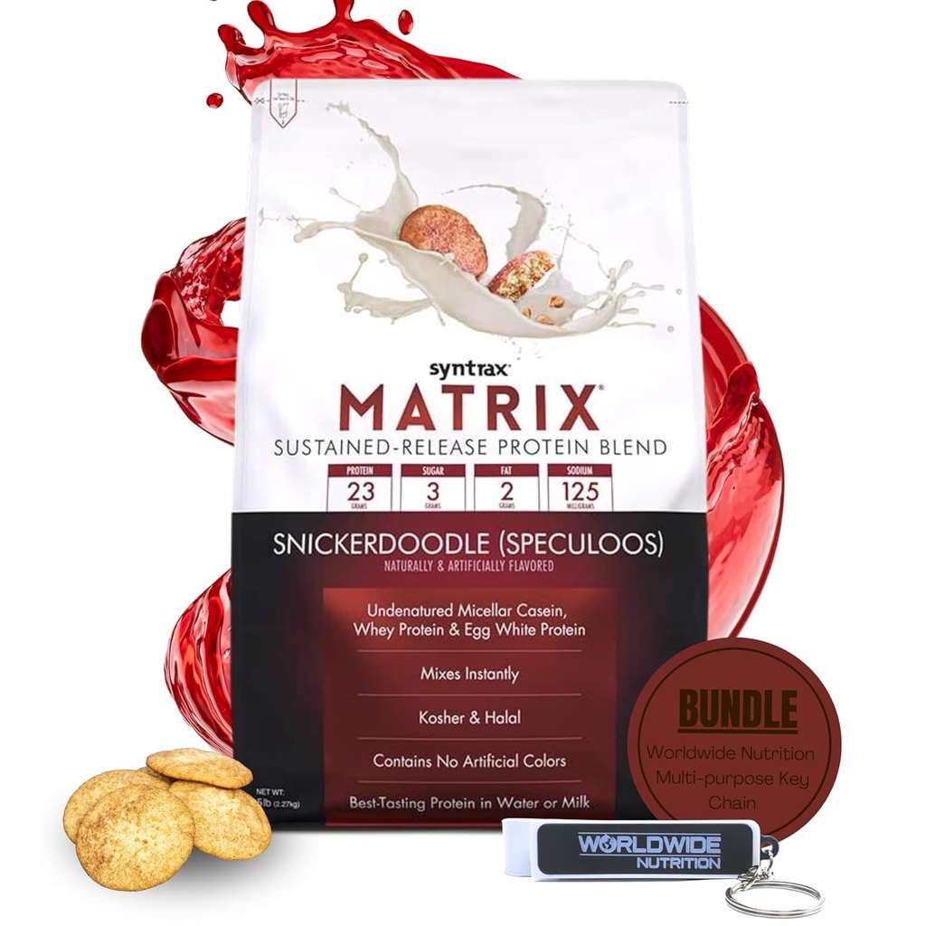 Syntrax Bundle: Matrix Protein Powder Sustained-Release Casein Protein and Whey Protein Powder - Instant Mix Snickerdoodle Protein Powder Flavor, 5lbs with Worldwide Nutrition Keychain